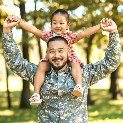 military father holding his daughter on his shoulders
